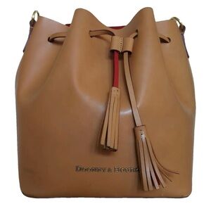Dooney & Bourke Brown Serena Red Interior Leather Tassel Draw String Bucket Bag